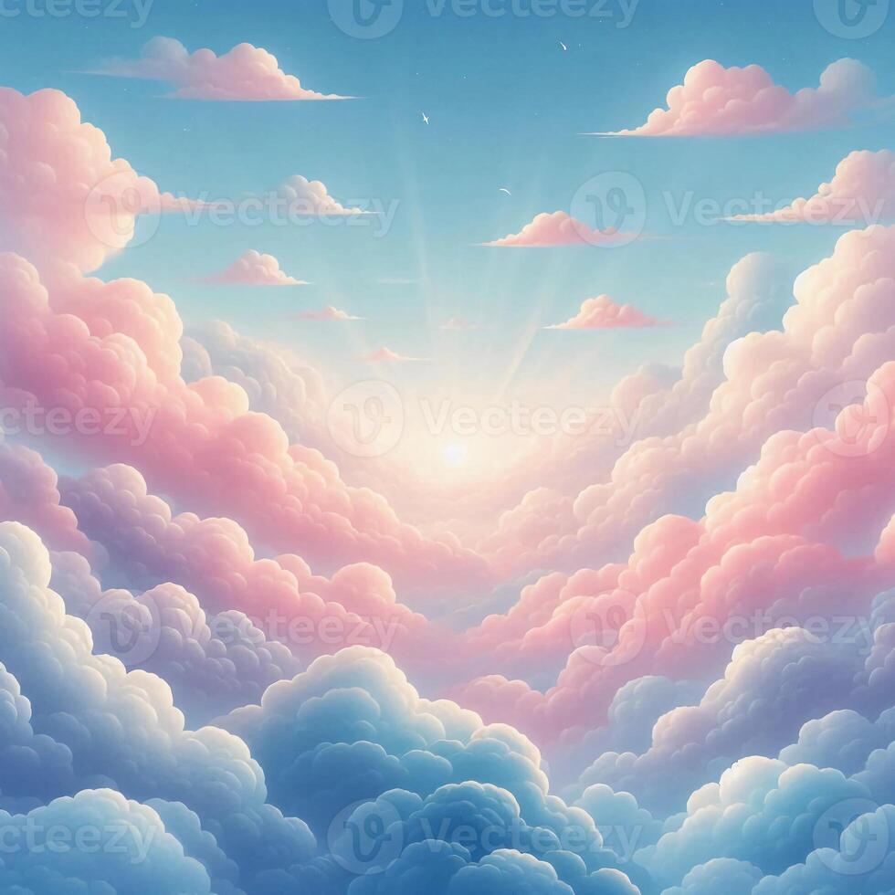 A serene sky filled with soft pink clouds illuminated by the gentle rays of a setting sun, creating a tranquil and picturesque scene. photo