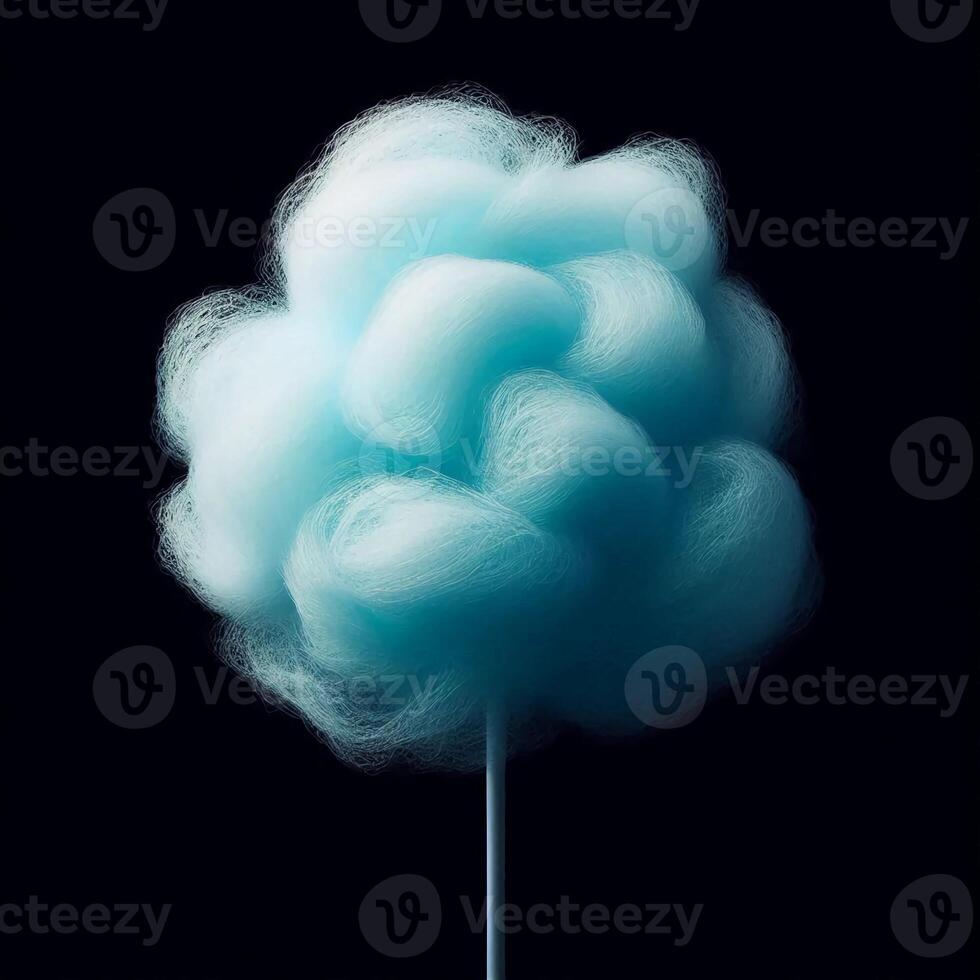 Blue cotton candy, reminiscent of a fluffy cloud, on a stick against a dark background, evoking simplicity and nostalgia. photo