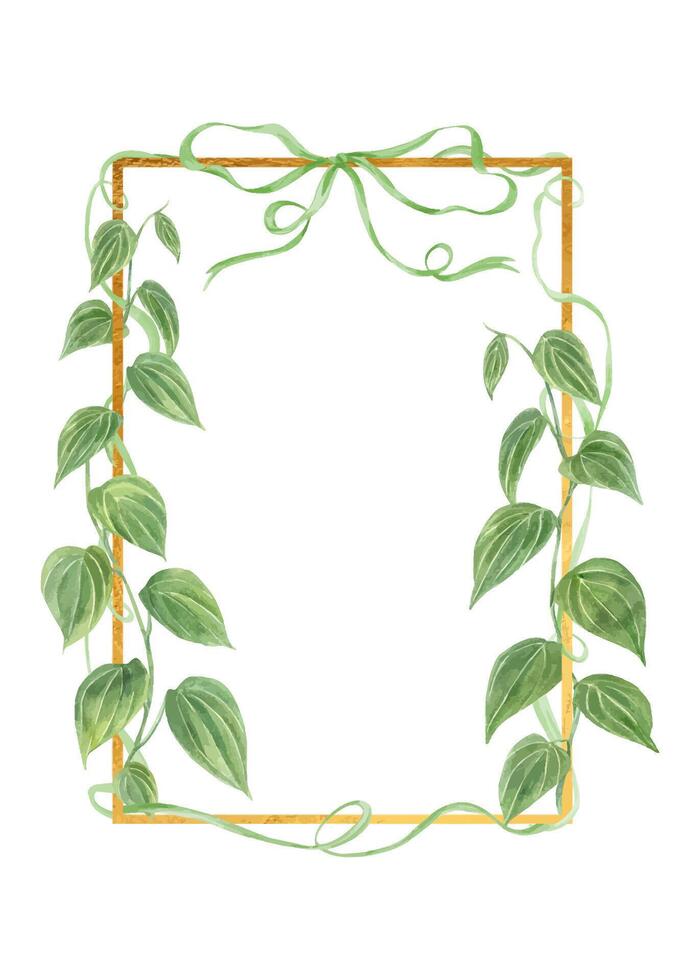 Green climbing leaf branches vertical golden frame with intertwining ribbons and bow. Pepper plant watercolor floral illustration. Copy space for text. Celebrate border for greeting cards vector