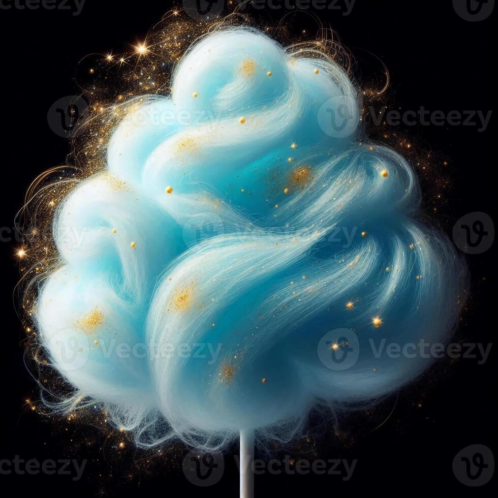 Blue cotton candy, reminiscent of a fluffy cloud, on a stick against a dark background, evoking simplicity and nostalgia. photo