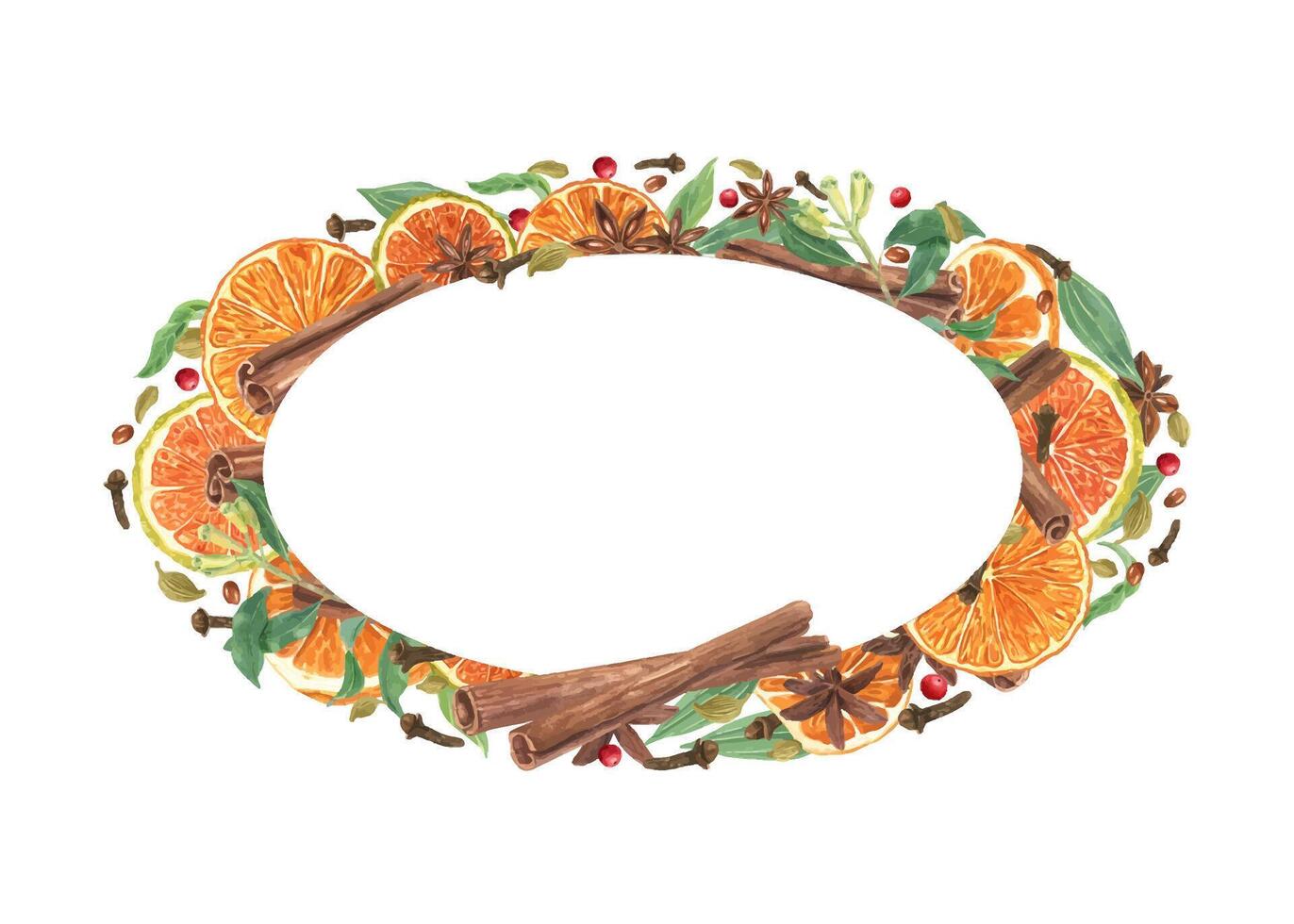 Aromatic orange and Christmas spices watercolor frame. Cinnamon sticks, dried fruit slices, cardamom, anise, cloves with green foliage illustration with copy space for text vector