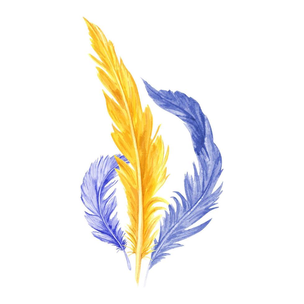Three watercolor curving golden and blue bird feathers illustration isolated background. Colorful natural plume composition. Traditional festival elements for carnival greeting cards, invitation vector