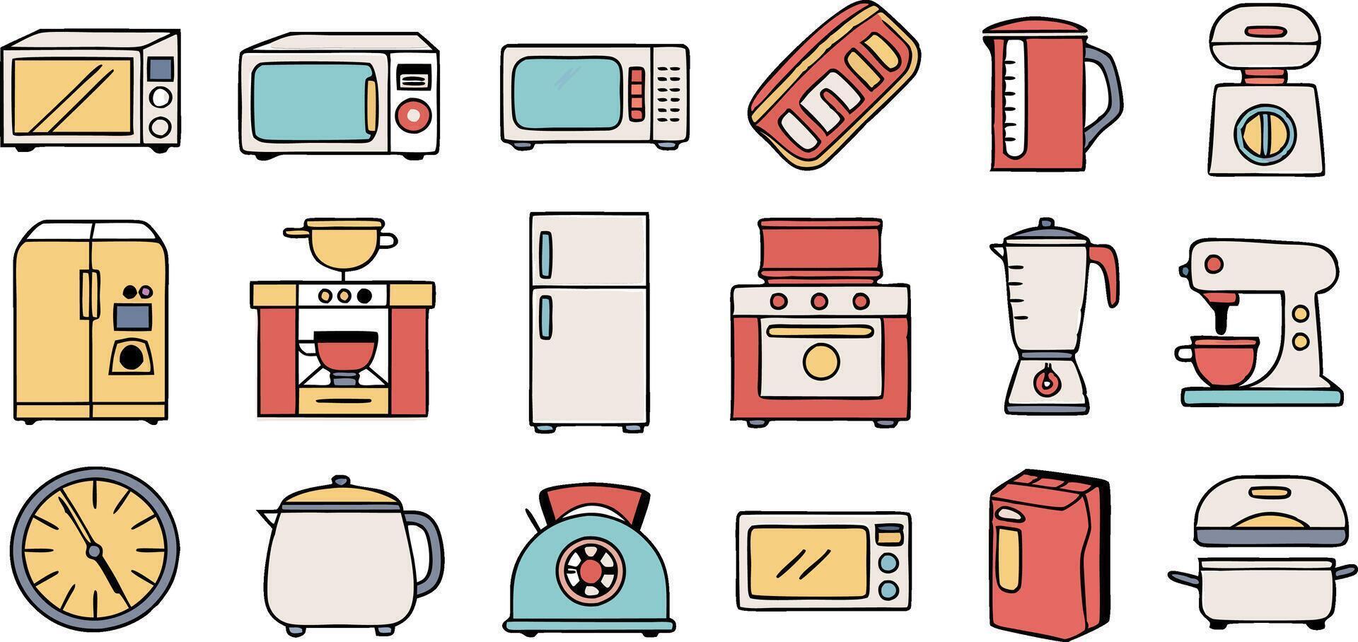 Home Appliances web icons in line style. Household appliance, vacuum cleaner, refrigerator, TV, cooking, entertainment, conditioning, dishwasher, collection. vector