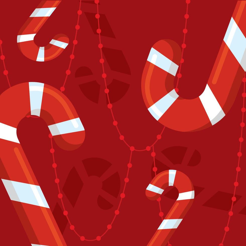 Candy canes and garlands on red background vector