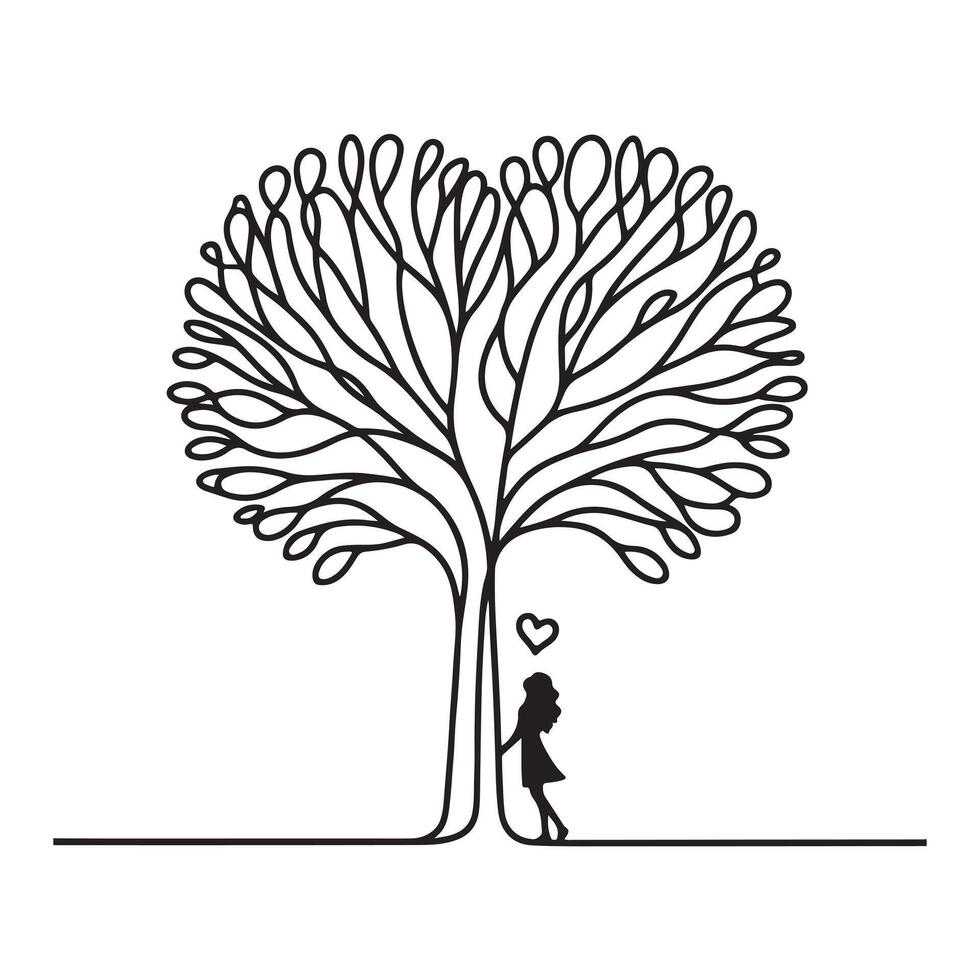 single one line tree black silhouette on white background vector