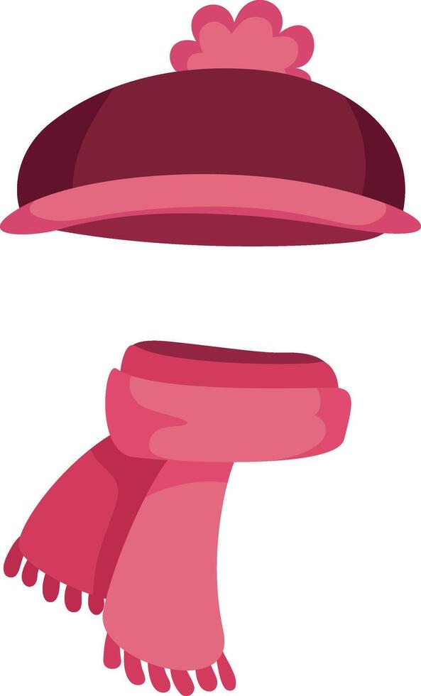 Winter accessories set including a pink scarf with fringes and a maroon hat with a pink pompom, providing warmth and protection during cold weather vector