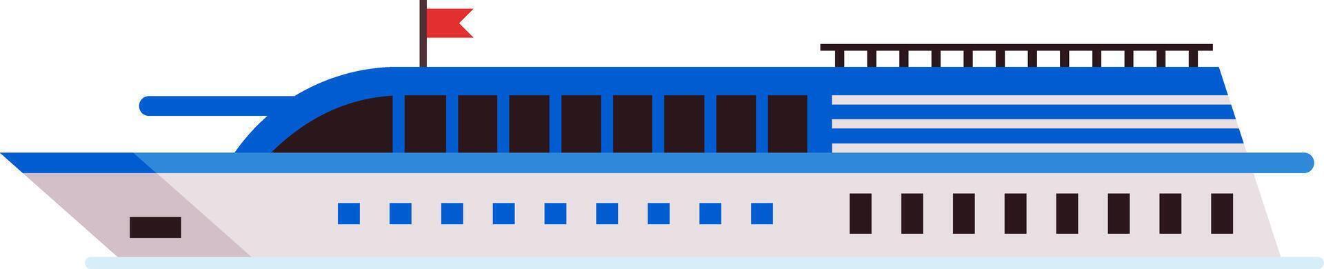 Large, modern passenger ferry boat sailing across tranquil waters, displaying a vibrant red flag atop. Featuring a sleek blue and white design, presented in a simple flat style vector