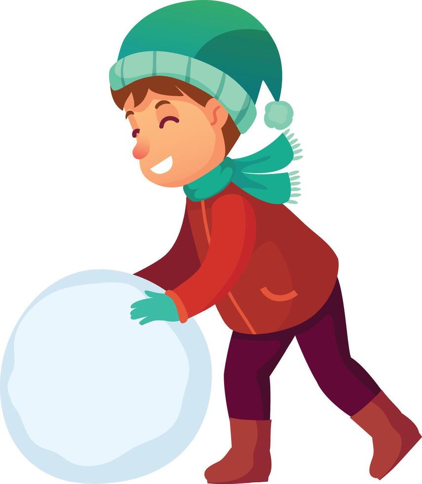 Smiling child wearing winter clothes including a red jacket, green hat and scarf, and teal gloves is rolling a giant snowball to build a snowman, enjoying winter fun vector