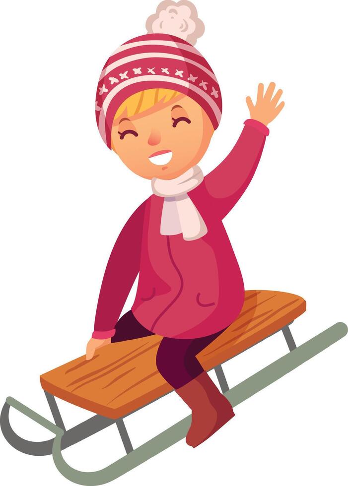 Smiling child dressed in cozy winter clothes, joyfully waving while sledding down a snowy hill, fully embracing the excitement and fun of winter holidays in the great outdoors vector