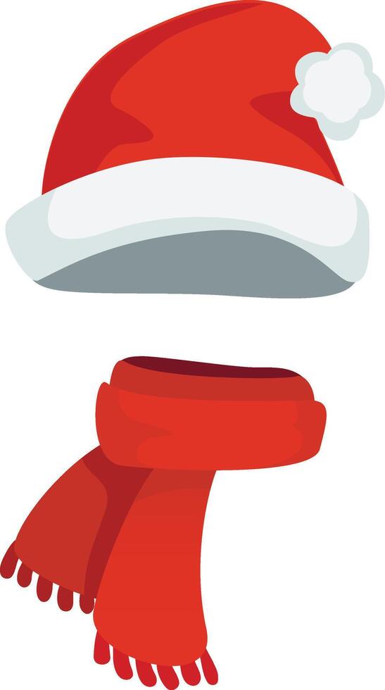 Red santa claus hat featuring a white trim and pompom, paired with a matching fringed scarf, radiating warmth and festive cheer throughout the christmas holiday season vector