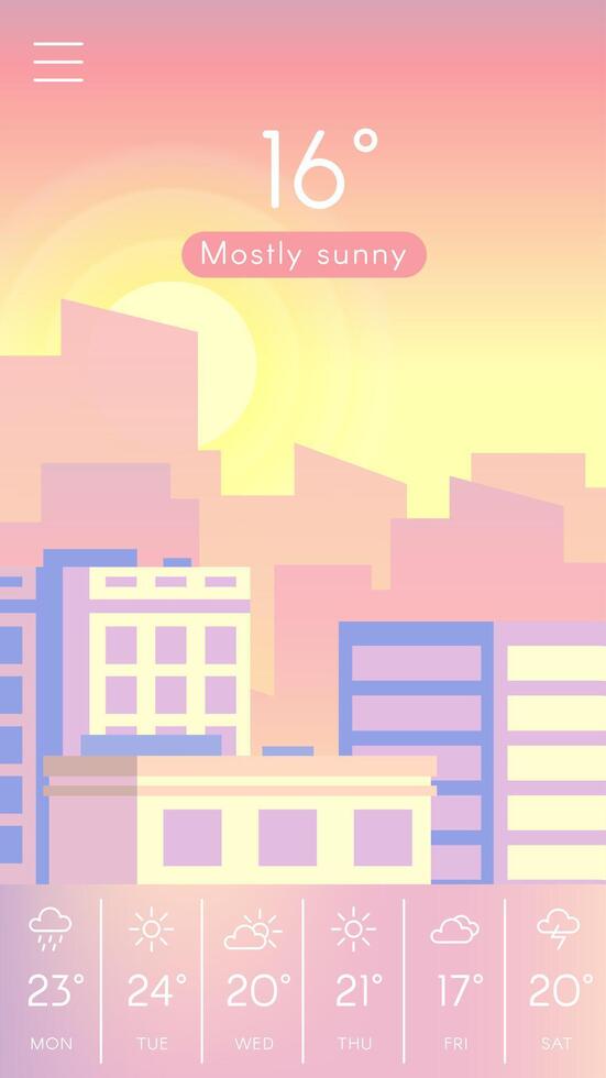 Weather forecast application displaying mostly sunny weather conditions with temperature information and cityscape background, providing a clear and concise weather update for users vector