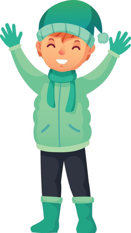 Smiling child dressed in a cozy winter hat, warm scarf, stylish jacket, gloves, and boots, enthusiastically waving and greeting, fully embracing the joy of the cold season vector