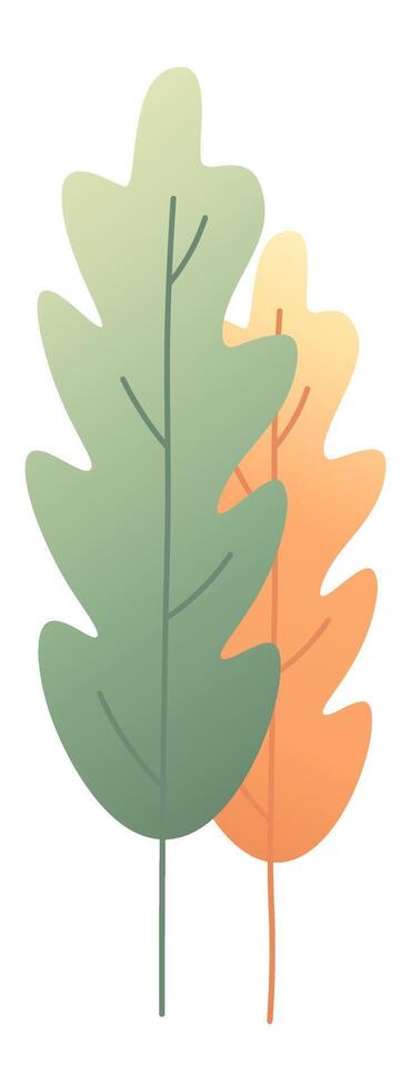 Minimalist illustration of two oak leaves, one green and one orange, symbolizing the transition from summer to autumn, with a clean white background vector
