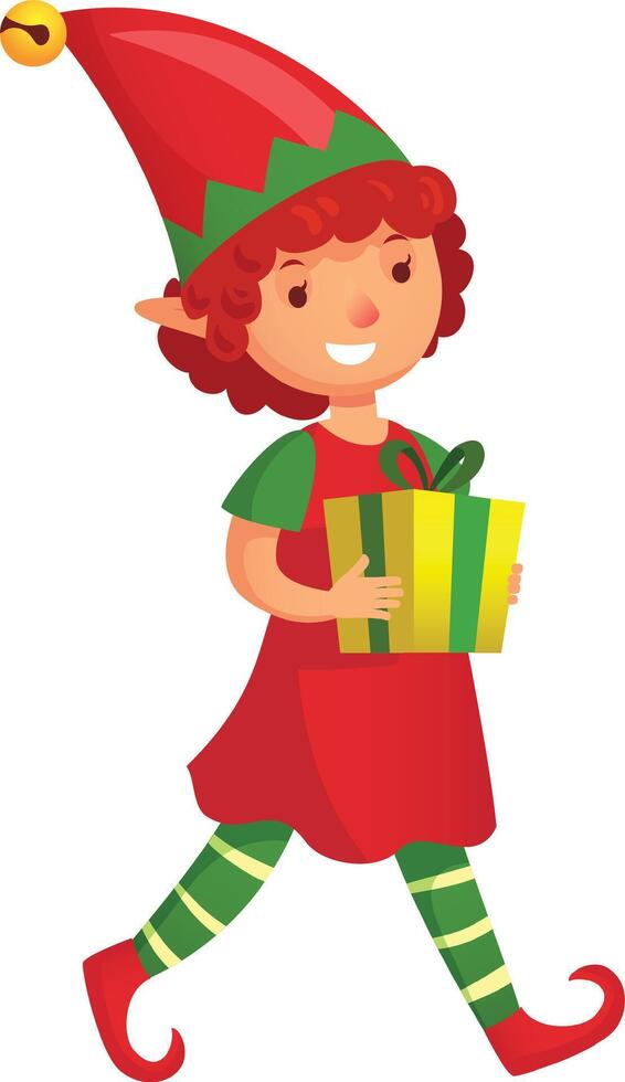 Christmas elf with red hair and pointy ears, wearing red and green clothes, walking and holding a yellow gift box with a green ribbon, isolated on white background vector
