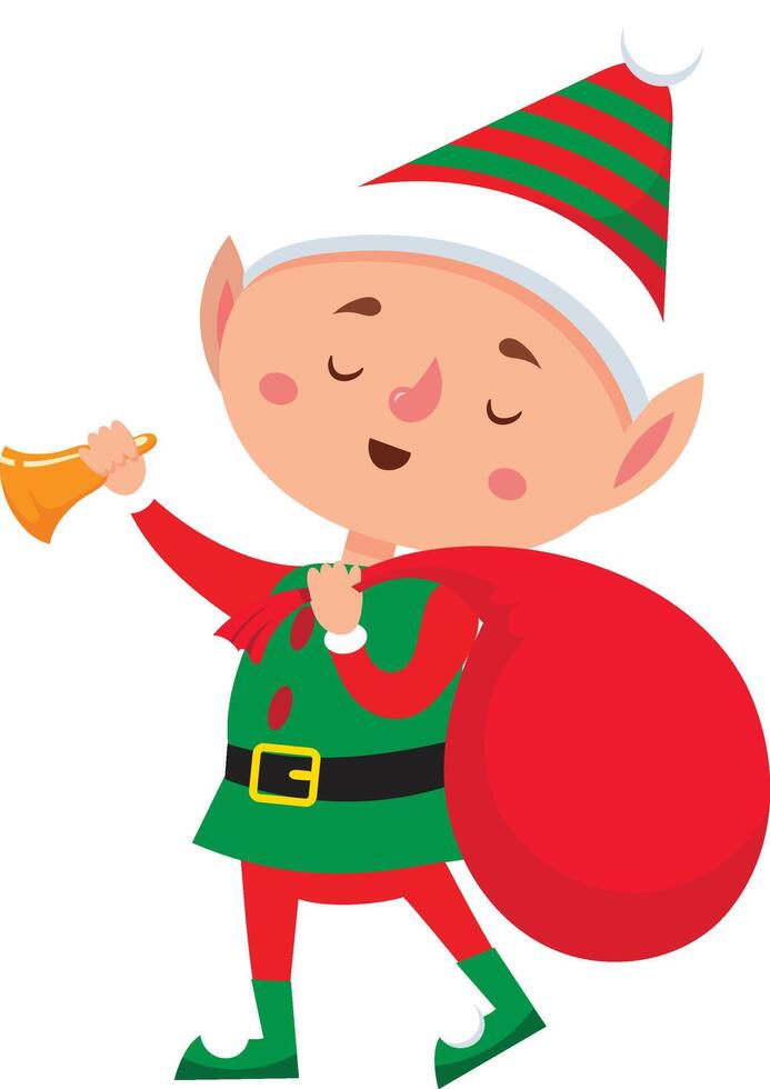 Christmas elf dressed in vibrant red and green attire, joyfully ringing a golden bell while carrying a red bag overflowing with festive gifts against a clean white background vector