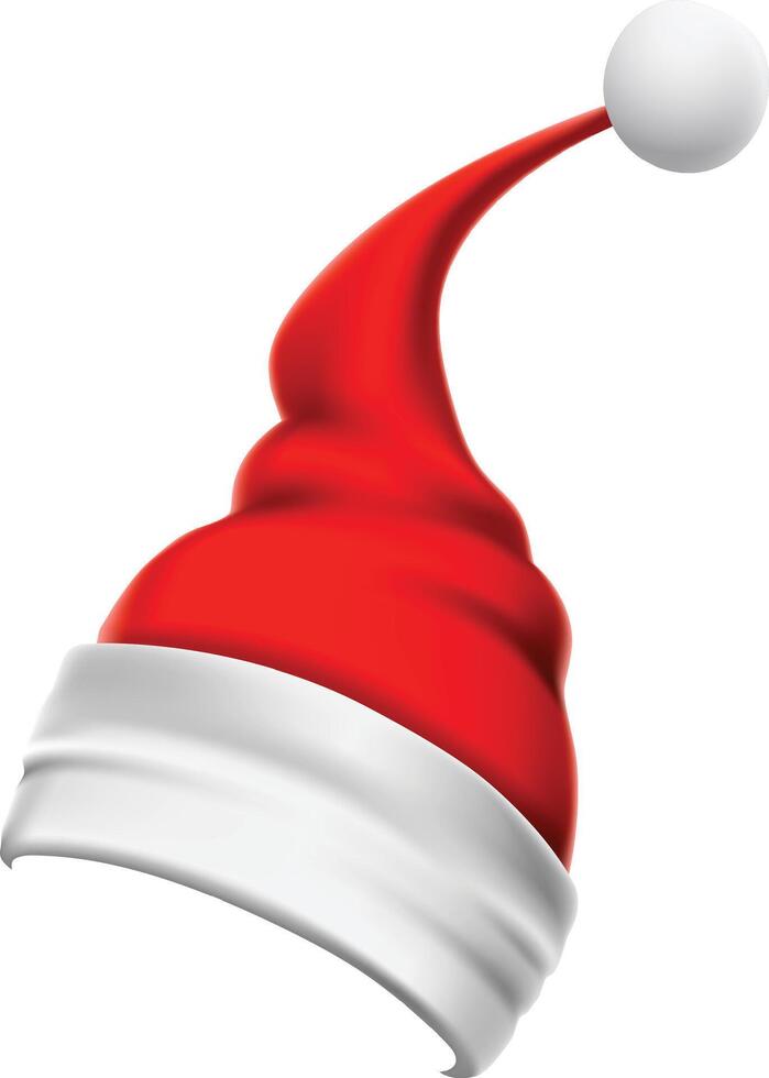 Classic red santa claus hat with fluffy white fur trim and a white pompom on top, set against a clean white background, perfect for christmas projects vector