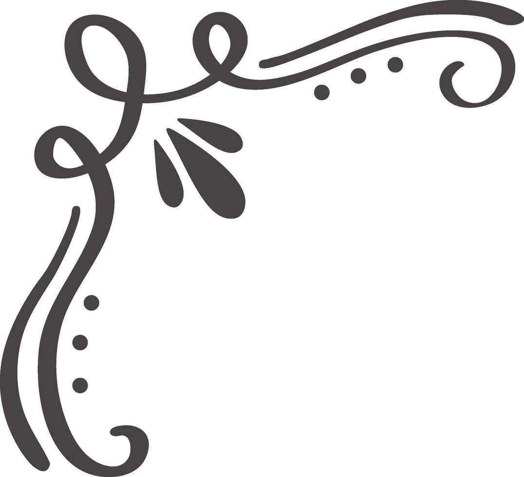Hand drawn flourish creating an elegant corner design, featuring swirling lines, dots, and leaf like shapes, suitable for adding a touch of sophistication to various projects vector