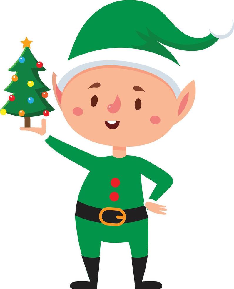 Smiling christmas elf wearing green clothes and hat, holding a decorated christmas tree with colorful ornaments, celebrating christmas time with joy and festive spirit vector