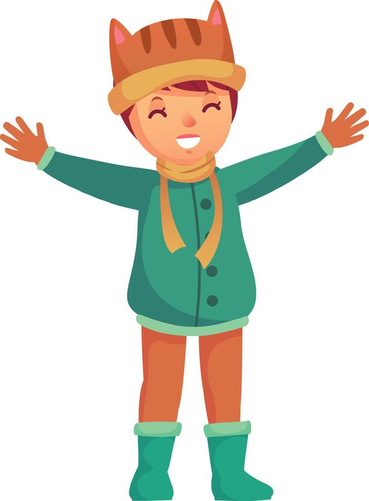 Cheerful child wearing a warm winter coat, scarf, gloves, and a funny animal hat is opening their arms and smiling, enjoying the cold weather vector