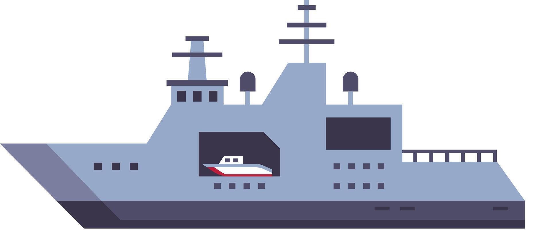 Modern warship housing a smaller boat within its hull, representing naval power, enhancing maritime security, and demonstrating advanced strategic deployment capabilities vector