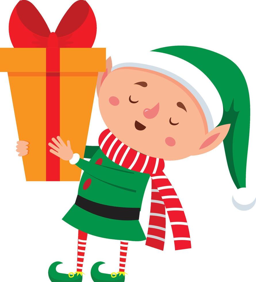 Happy christmas elf wearing green clothes and red and white striped scarf is holding a big wrapped gift box with red ribbon and bow, isolated on white background vector