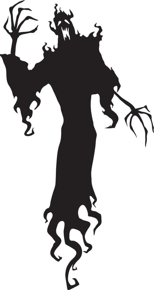 Spooky black silhouette of a screaming halloween ghost with fiery contours, floating in the air with arms raised and tattered robe, creating a creepy and eerie atmosphere vector