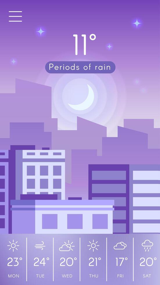 Mobile weather application featuring periods of rain at night, displaying a crescent moon above a cityscape. Weekly forecast provides detailed temperature information for the upcoming days vector