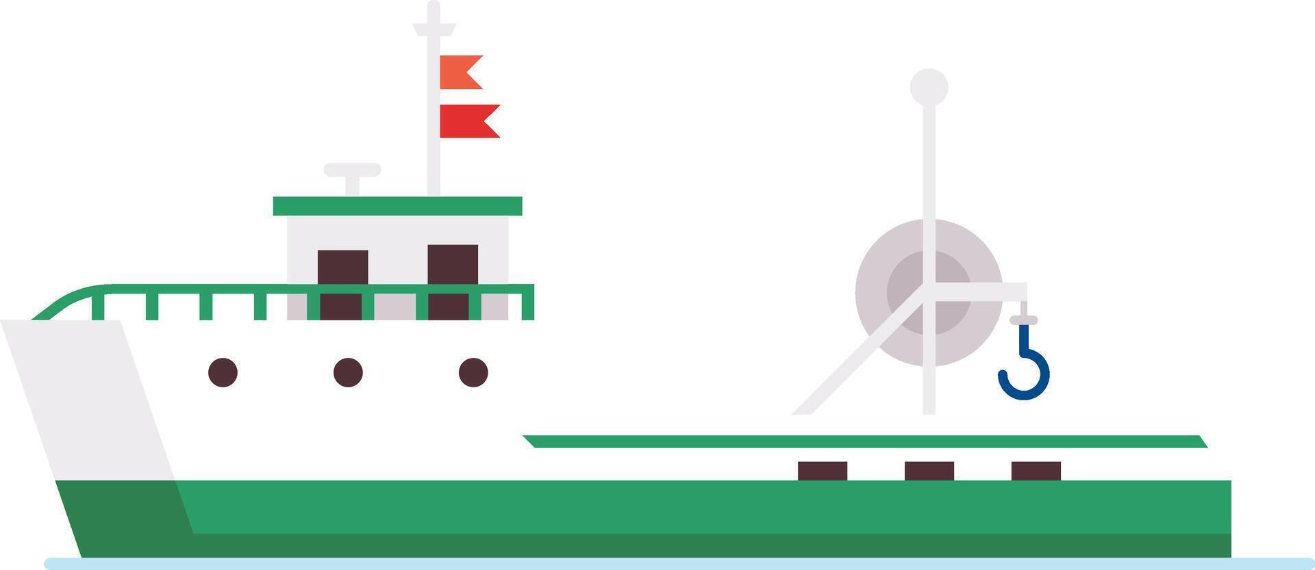 Fishing boat with winch, hook and red flags floating on the water, side view of a commercial fishing vessel used for catching fish in the ocean vector