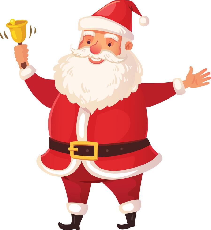 Santa claus joyfully ringing a golden bell while extending warm greetings with open arms, capturing the essence of the festive christmas spirit and holiday cheer vector
