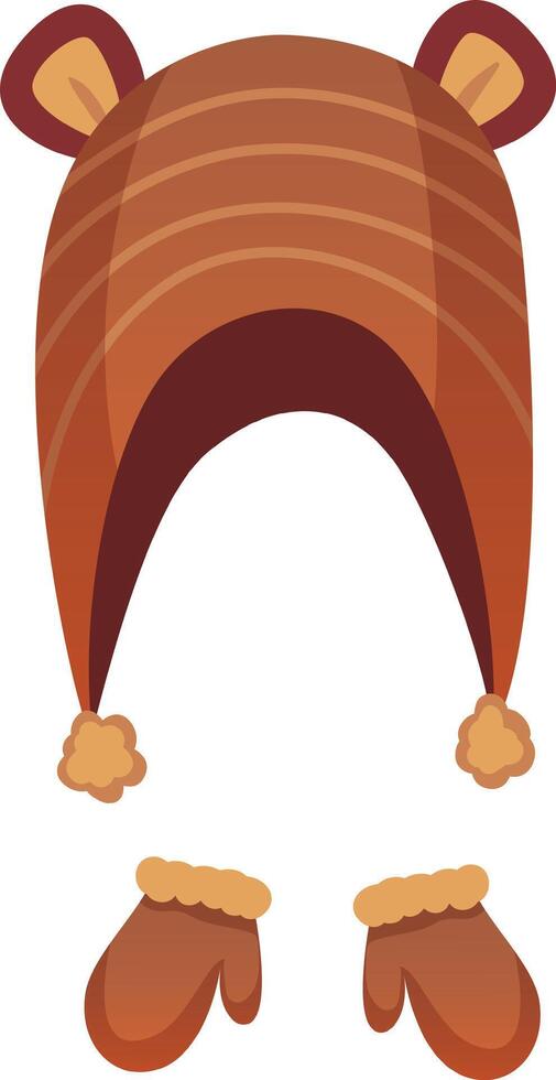 Brown striped winter hat with cute bear ears and matching mittens with fluffy trim create a cozy and playful ensemble, perfect for keeping warm during cold weather adventures vector