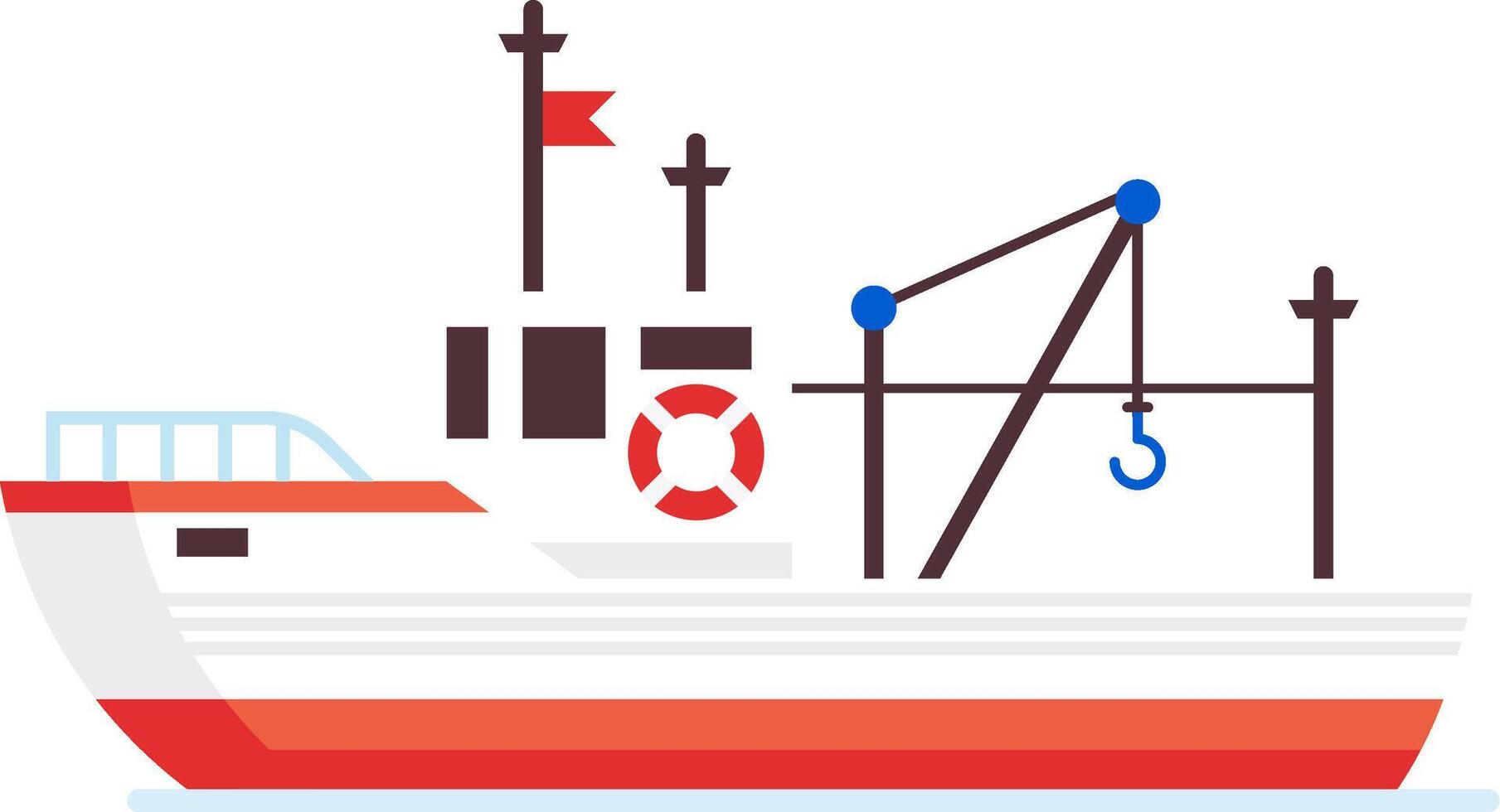 Fishing boat sailing on the sea, equipped with a crane and hook, ready for fishing activities, featuring safety equipment and navigation tools vector