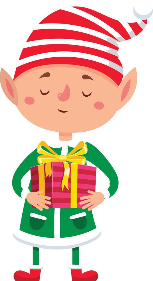 Smiling christmas elf wearing green clothes and red and white striped hat holding wrapped gift box with golden ribbon, isolated on white background vector