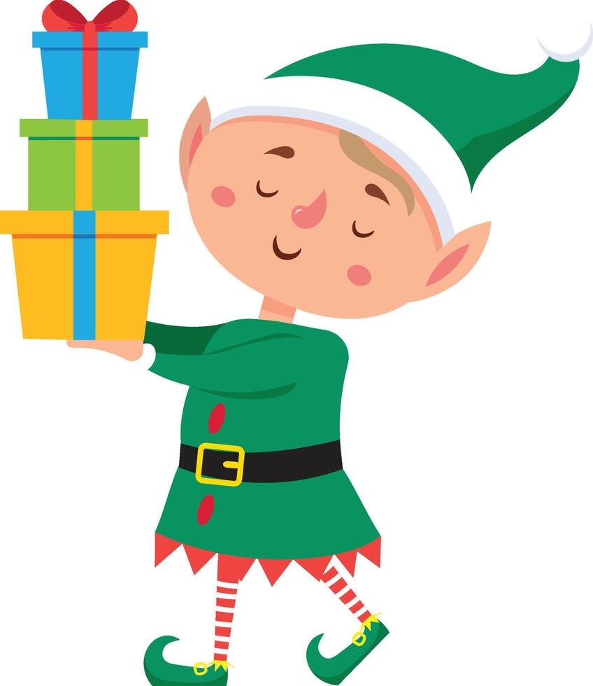 Cheerful christmas elf wearing a pointy green hat and shoes, carefully balancing a vibrant stack of colorful wrapped gifts, embodies the joyful spirit of the holiday season vector