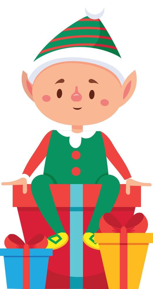 Cute christmas elf with striped hat and pointy ears sitting on large red gift box with two smaller gift boxes next to it, celebrating the festive holiday season vector