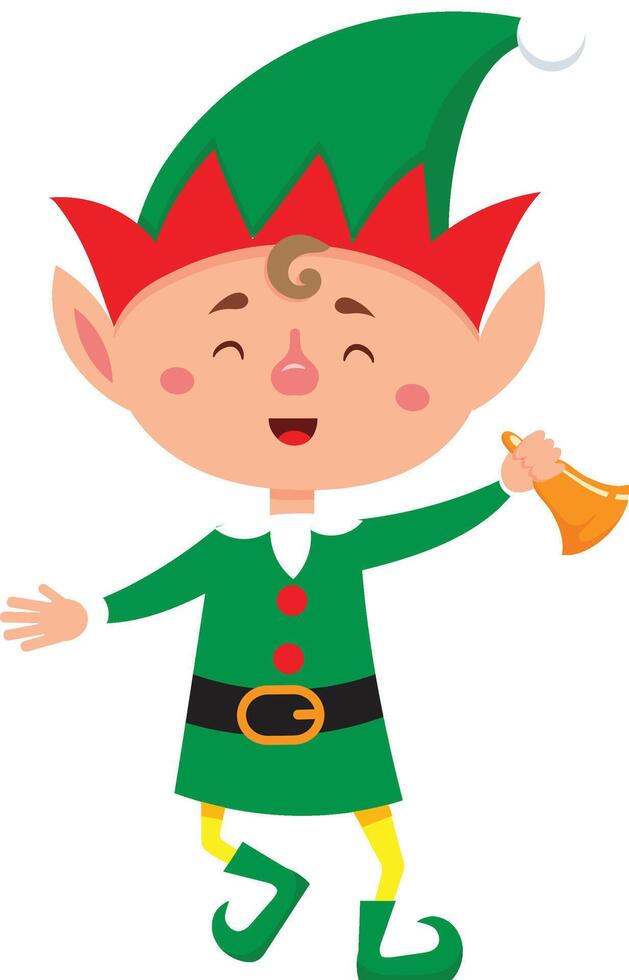 Cartoon christmas elf joyfully ringing a golden bell, wearing a green and red outfit, embodies the festive spirit and spreads holiday cheer with a cheerful smile vector