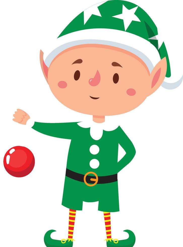 Christmas elf wearing a green and white costume with a white star on the hat, striped socks and pointy shoes, holding a red ball in his hand, smiling, getting ready for christmas vector