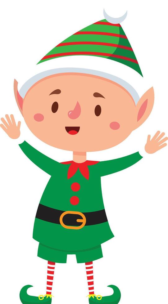Cartoon christmas elf waving and smiling, wearing a green and red costume, isolated on a white background, perfect for christmas themed projects vector