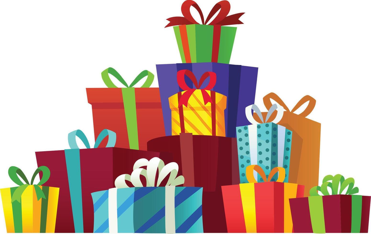 Colorful gift boxes adorned with ribbons are stacked high, creating a vibrant and festive atmosphere ideal for birthdays, holidays, or any joyful celebration vector