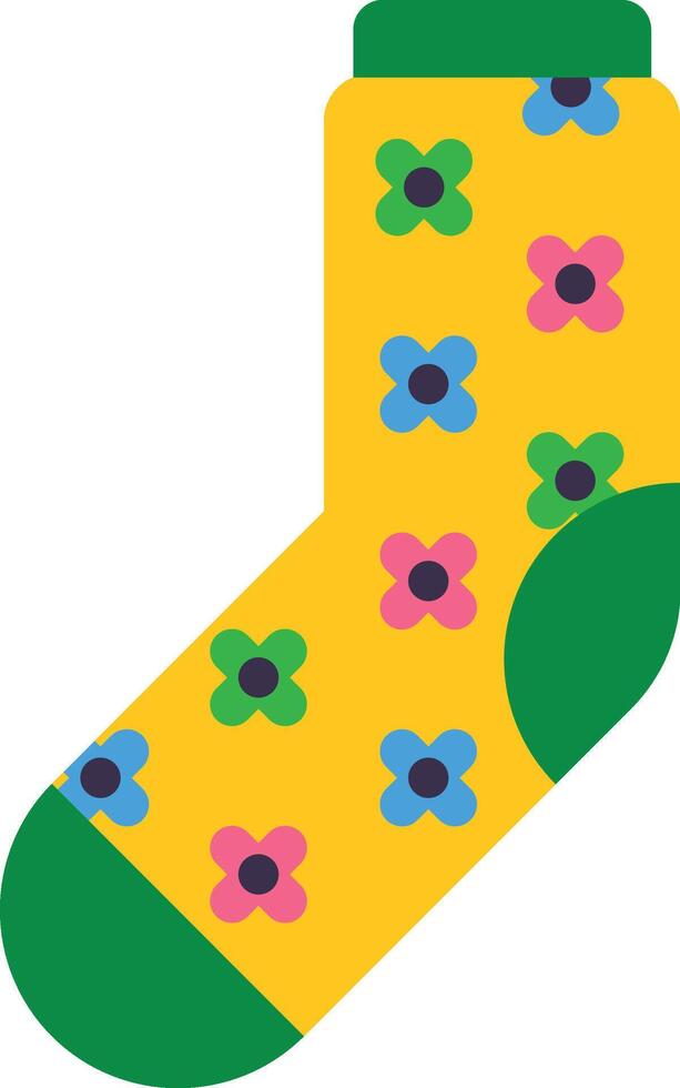 Vibrant and cheerful yellow sock adorned with a repeating pattern of colorful flowers, evoking the essence of springtime and adding a touch of whimsy to everyday attire vector