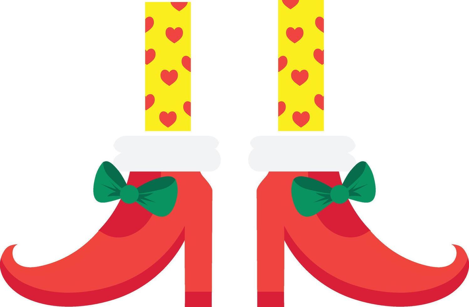 Christmas elf shoes with green ribbon and yellow socks with hearts representing festive footwear for holiday celebrations and costume parties, adding a touch of whimsy and cheer vector