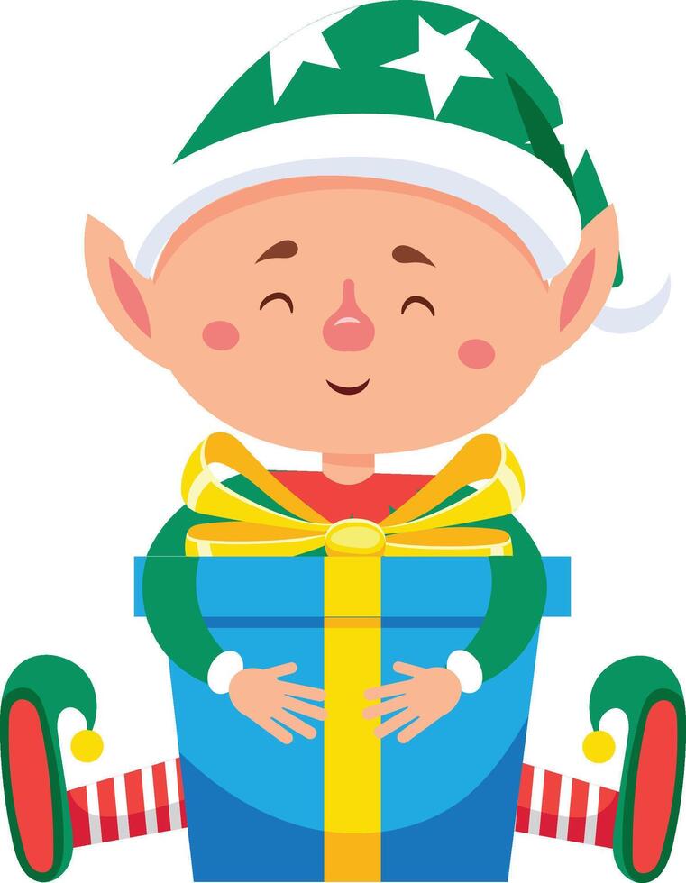 Cute christmas elf with green hat and pointy ears hugging a big blue gift box with yellow ribbon, smiling with closed eyes, expressing joy and happiness vector