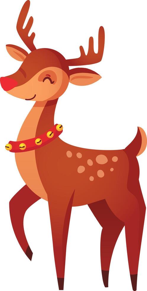 Christmas reindeer wearing jingle bells collar smiling and walking, cartoon drawing of santa claus helper animal, festive character isolated on white background vector