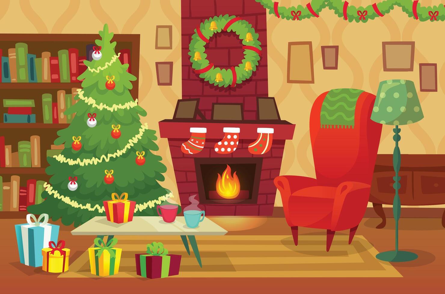 Cozy christmas living room featuring a warm fireplace, beautifully wrapped presents, a decorated tree, an inviting armchair, and steaming hot drinks, creating a festive atmosphere vector