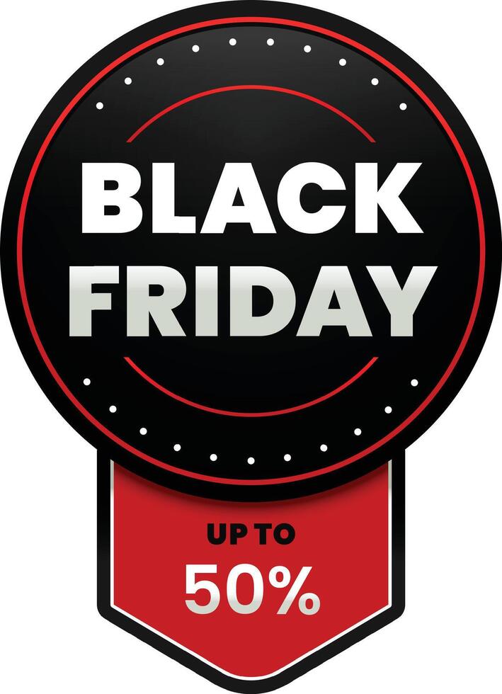 Black friday round badge featuring a vibrant red ribbon, advertising a 50 percent discount, ideal for promoting exciting deals and sales throughout the shopping event vector