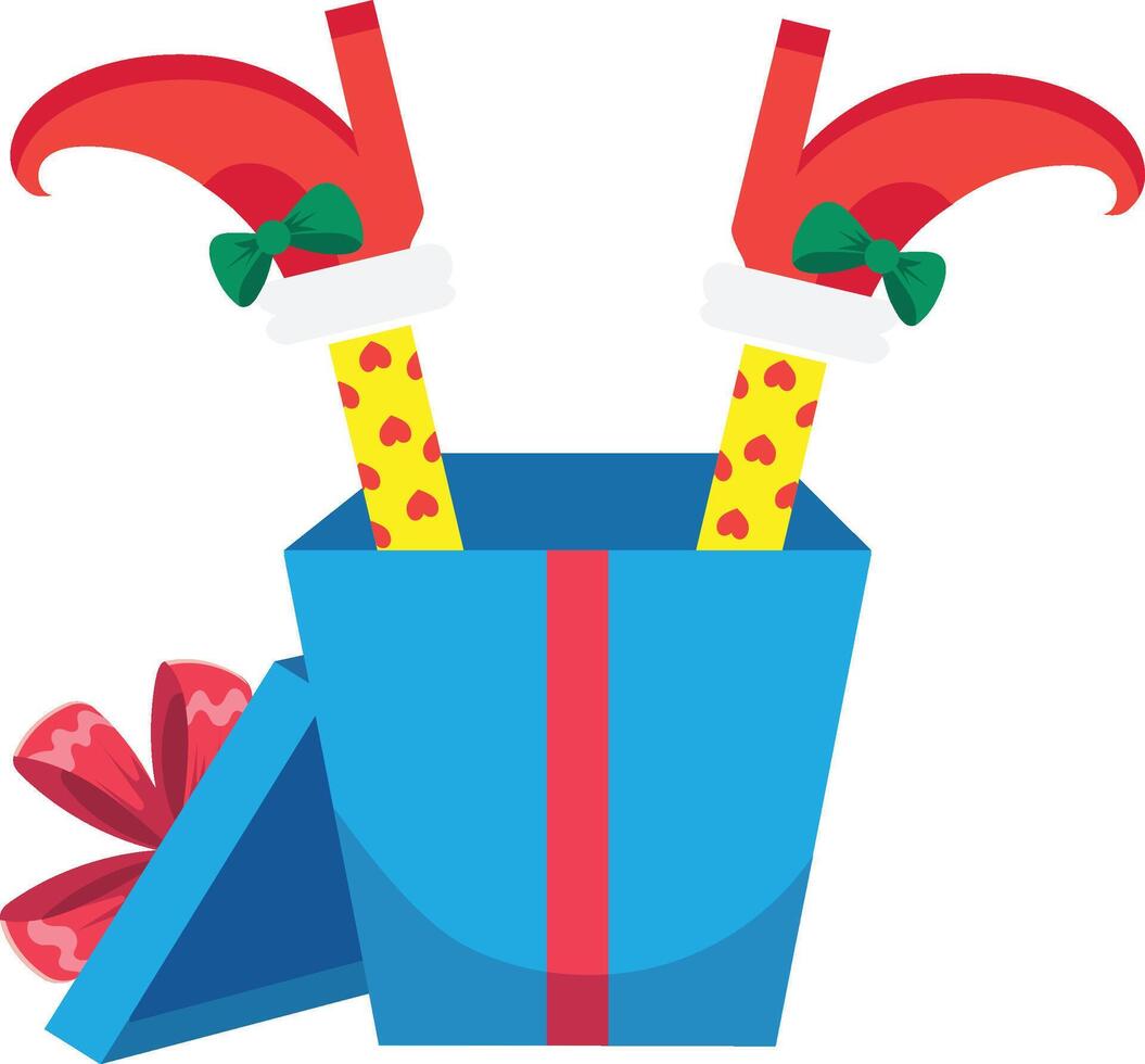 Christmas elf legs with yellow and red tights and curly shoes are sticking out of a blue gift box with a red ribbon and bow, suggesting a funny and festive surprise vector