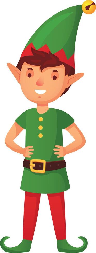 Happy christmas elf wearing a traditional green and red costume, smiling joyfully and posing with hands on hips, exuding festive cheer and ready to celebrate the holiday season vector