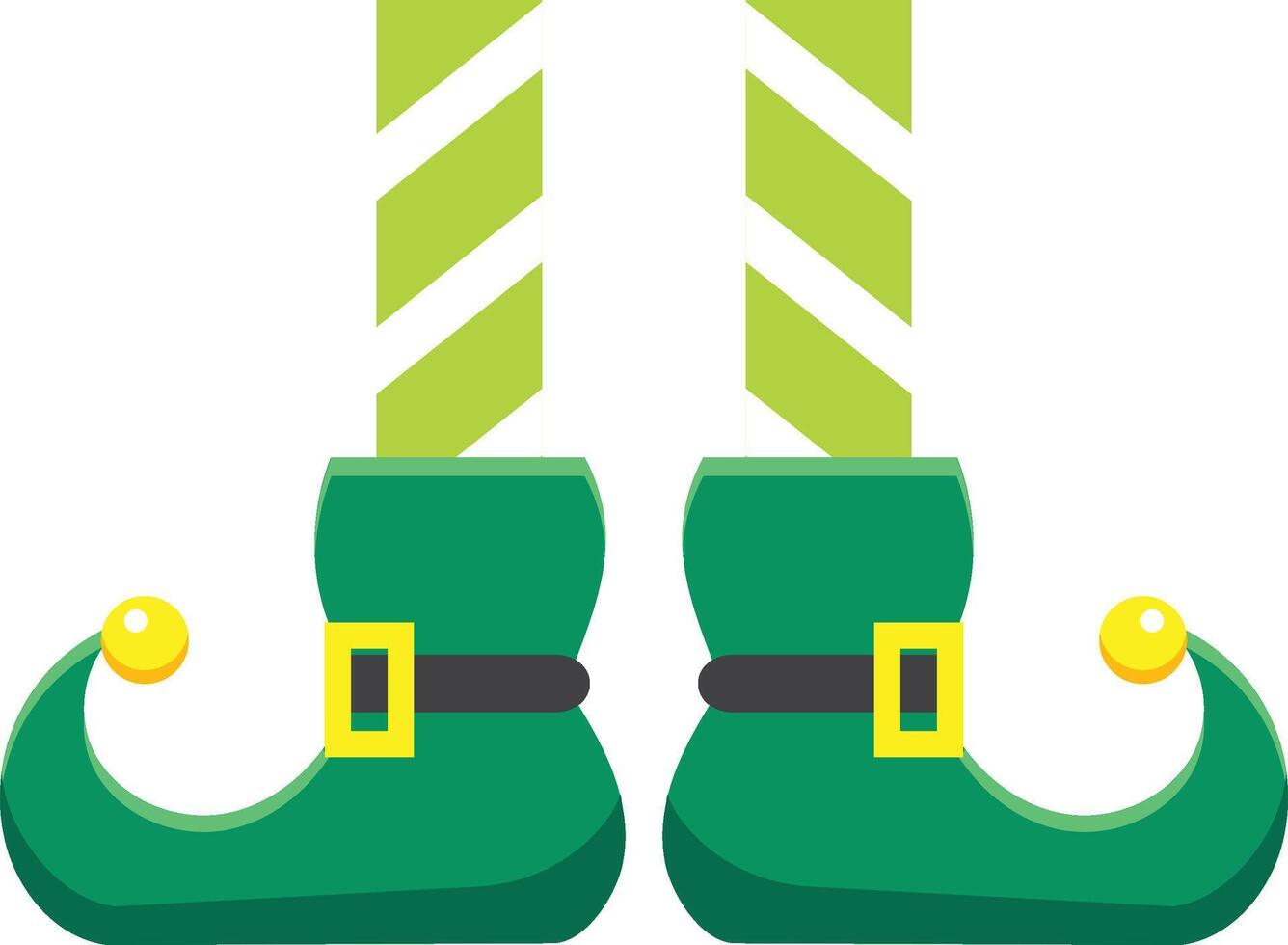Green elf shoes with curled toes and golden buckles are paired with striped socks, creating a festive image perfect for christmas celebrations and holiday cheer vector
