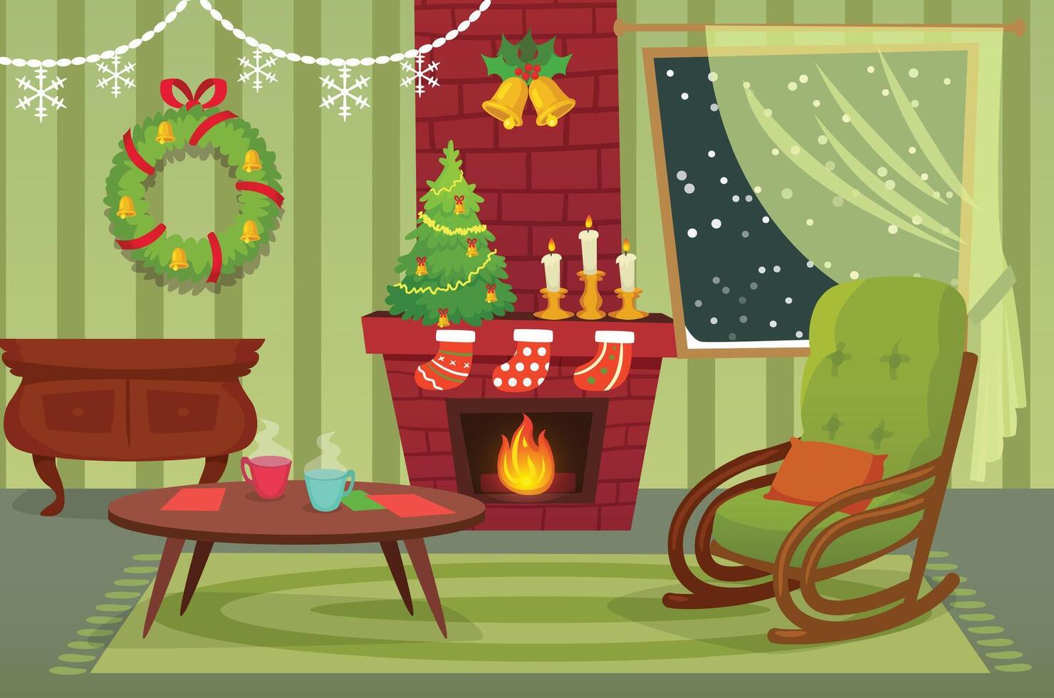 Warm fire crackling in a fireplace, inviting rocking chair, decorated christmas tree, and steaming mugs create a cozy holiday atmosphere in a festive living room vector