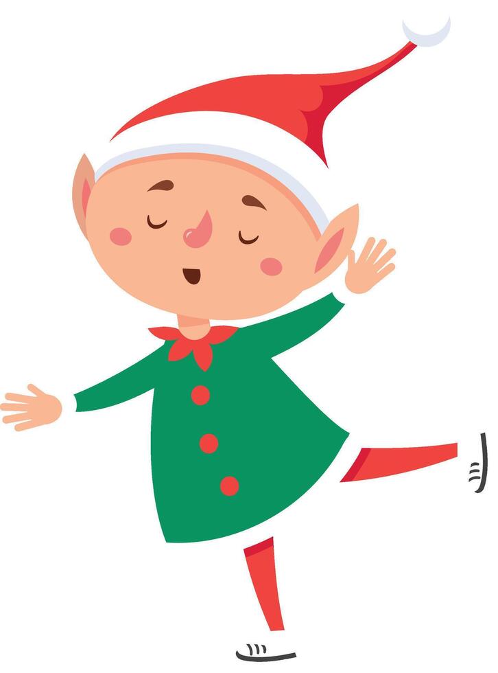 Cartoon christmas elf dancing joyfully with closed eyes, dressed in a vibrant green dress and red tights, radiating happiness and magic throughout the festive season vector