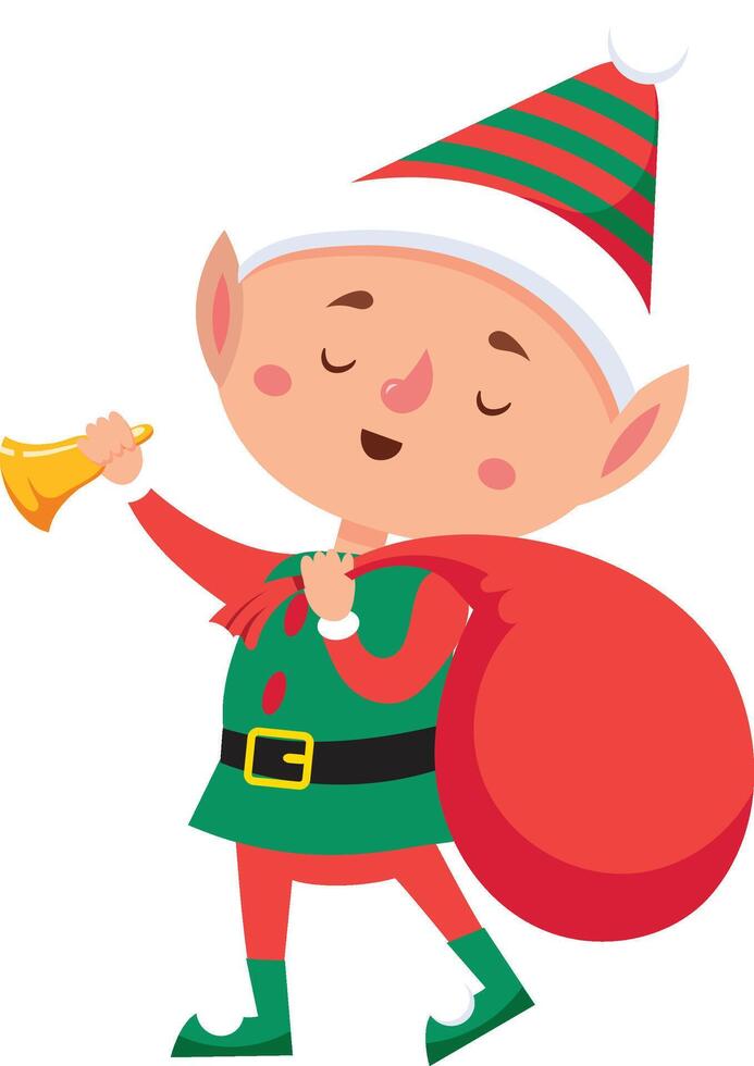 Christmas elf is ringing a golden bell while carrying a big red sack full of christmas gifts, with closed eyes, wearing a red and green costume vector
